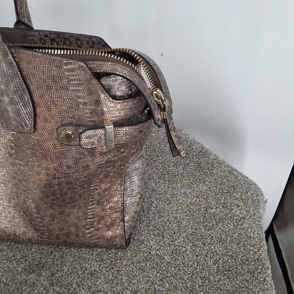 HENRY BENDEL Copper Brown Metallic Large Lizard Print Carlyle Tote - Picture 4 of 9